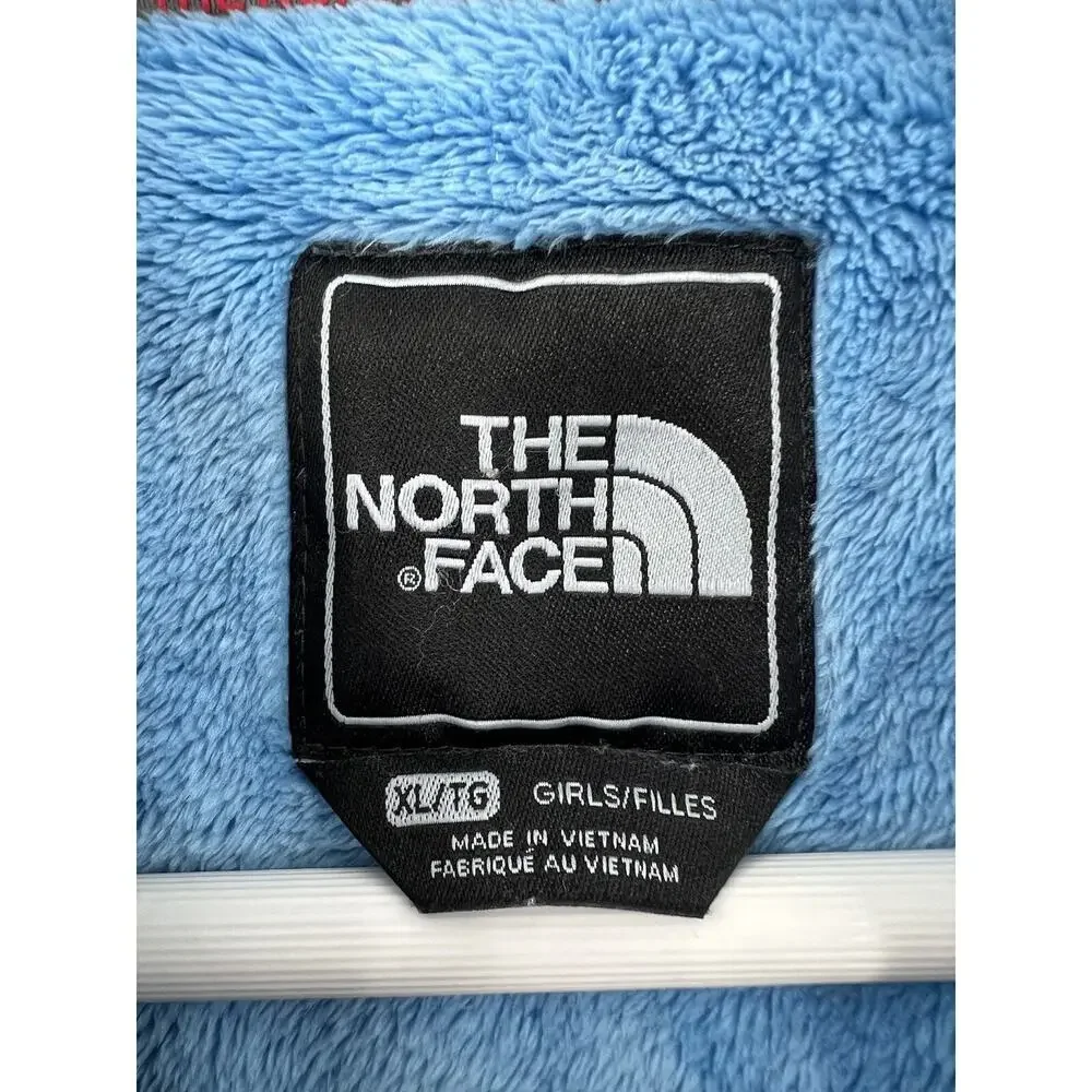 The North Face Girls Jacket XL Blue Gray Fleece Hooded Pockets Full Zip Logo
